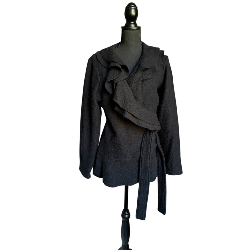 Elena Solano 100% Wool Ruffle wrap Cardigan Sweater (Black) - L
